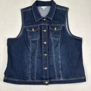 CJ Banks Denim Vest Womens 2X Rhinestone Button Front Blue Casual